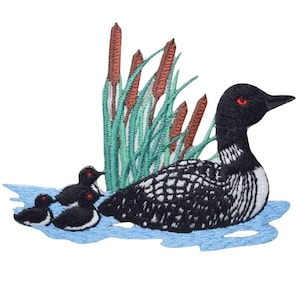 Divers Loon Applique Patch - Duck, Chicks, Cattails, Pond 3.25&quot; (Iron on)
