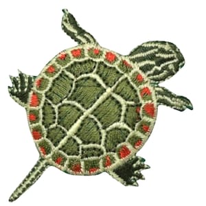 May include: Embroidered patch of a turtle with a green shell, red accents, and white stitching. The turtle's head and limbs are detailed with black and white stripes. This patch is suitable for clothing or accessories.
