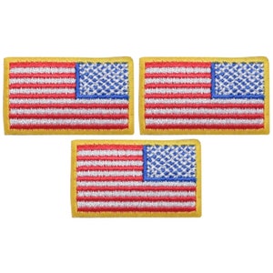 May include: Three small embroidered American flag patches with a yellow border. The flags are red, white, and blue.