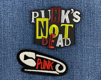 2er-Pack Punk-Aufnäher-Set – Gestickte „Punk's Not Dead“- und Sicherheitsnadel-Aufnäher (zum Aufbügeln)