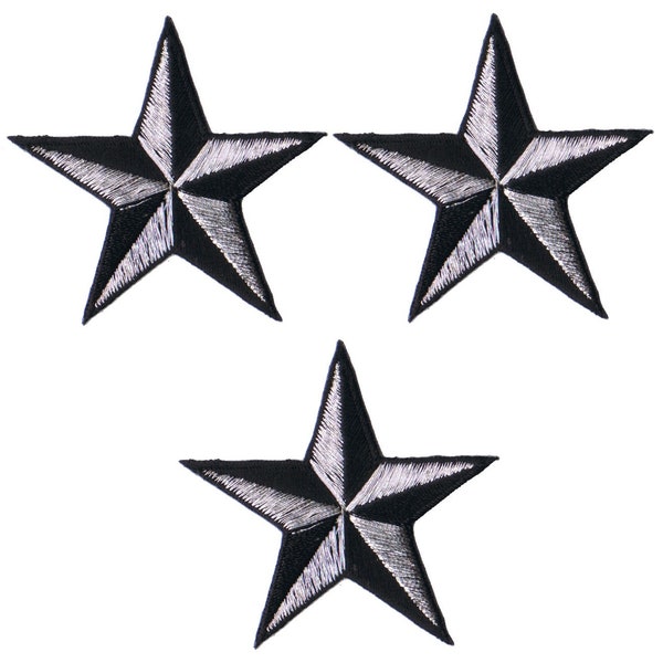 Medium Nautical Star Applique Patch - 3D Silver Black Star 2" (3-Pack, Iron on)
