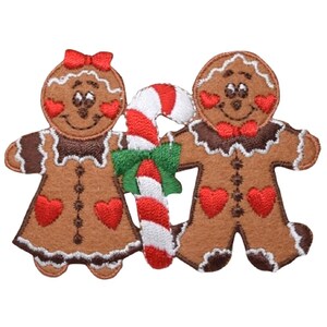 May include: A brown gingerbread couple patch with red heart details and a candy cane. The gingerbread man has a bow tie, and the woman has a bow. The candy cane is red and white with a green bow.