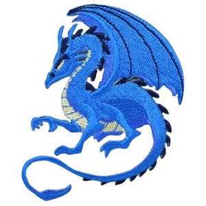 May include: Blue embroidered iron-on patch of a dragon with wings spread out. The dragon has a long tail and is in a curled position.