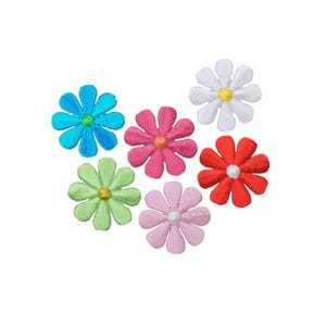 May include: A collection of embroidered daisy patches in various colors, including blue, pink, green, red, white, and light pink. Each flower has a contrasting center, creating a vibrant and cheerful aesthetic. These patches are ideal for adding a decorative touch to clothing or accessories.