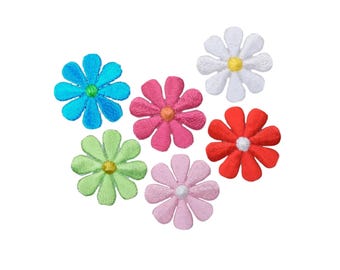 May include: A selection of embroidered daisy patches in a range of colours: blue, pink, green, red, white, and light pink. Each flower features a contrasting centre, creating a bright and cheerful look. These patches are suitable for adding a decorative touch to clothing or accessories.