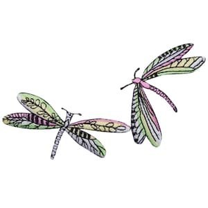 May include: Two embroidered dragonfly patches. The dragonflies have delicate wings in shades of green, pink, and yellow, with black detailing. The bodies are a mix of black and silver. These patches are ideal for adding a touch of nature to clothing or accessories.
