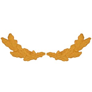 May include: Two golden-colored, leaf-like decorative elements arranged in a semi-circular shape. The objects have a textured surface and are set against a plain white background. The design suggests a natural or botanical theme.
