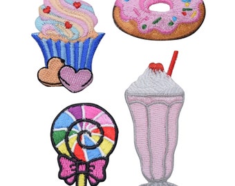 Dessert Applique Patch Set - Cupcake Milkshake Lollipop Donut Sprinkles Frosting Sweets Food Badge (4-Pack or Sold Individually, Iron on)