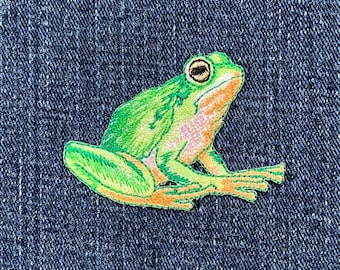 光沢のあるカエルのアップリケパッチ - キラキラ光る刺繍入り両生類動物バッジ 2-3/8インチ (アイロン接着)