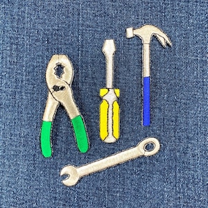 Tool Applique Patch Set: Embroidered Hammer, Wrench, Pliers (Iron On)