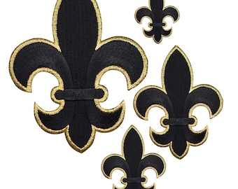 Fleur De Lis Applique Patch Set - Black & Metallic Gold Badges (4-Pack, Iron on)