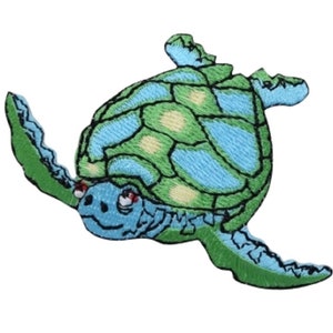 May include: Green and blue embroidered sea turtle patch. The turtle has a detailed shell and a friendly face.