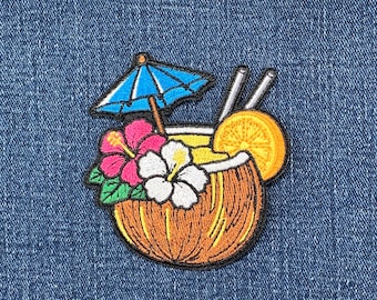 Tropical Coconut Drink Patch - Embroidered Hibiscus Flower Badge 2-7/8" (Iron On)