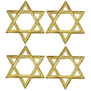 May include: Four identical gold-colored embroidered Star of David patches arranged in a two-by-two grid. Each six-pointed star features a thick, stitched border with a metallic sheen and a hollow center, showcasing a clean, uniform design.