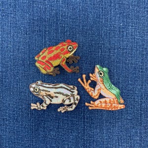 May include: Three embroidered frog patches featuring detailed stitching. One frog is red and yellow, one is white with brown stripes, and one is orange and green. Each patch depicts a frog in a different pose with visible eyes and limbs.