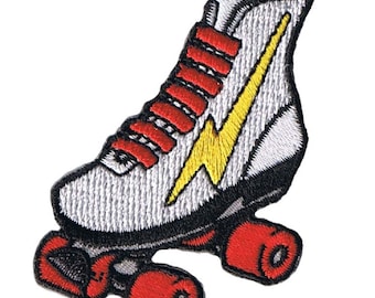 May include: Embroidered patch featuring a roller skate design. The skate is white with red laces and wheels. A yellow lightning bolt is on the side. The patch has a black border.