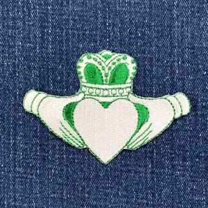 Irish Claddagh Applique Patch - Embroidered Green & White Badge  3" (Iron On)