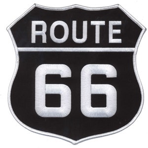 Extra Large Route 66 Patch - White on Black, For Jackets 8&quot; (Iron on or Sew on)