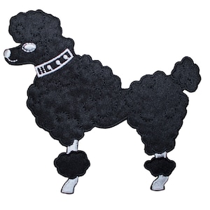 May include: Black embroidered poodle patch with white details. The poodle is standing with its legs slightly bent and has a white collar with black studs.