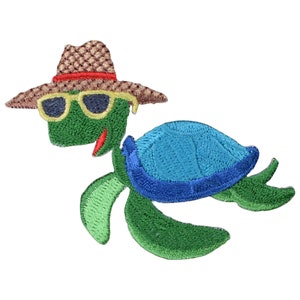 May include: A green turtle wearing sunglasses and a brown and red hat with a blue shell. The turtle is swimming.
