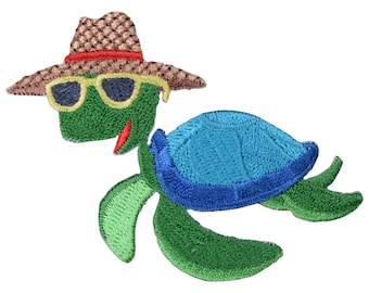 Beach Turtle Applique Patch - Sunhat Sunglasses Vacation Badge 3" (Iron on)