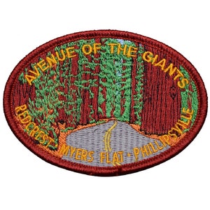May include: Red, green, and yellow embroidered patch with the text "Avenue of the Giants" and "Redcrest Myers Flat - Phillipsville".