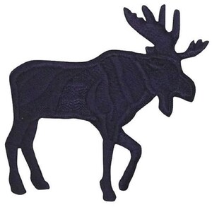 May include: A navy blue embroidered moose patch. The patch features a side profile of a moose with detailed antlers and a textured finish. Suitable for application on clothing or accessories, it is a decorative item.