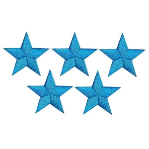 May include: Five blue embroidered stars on a white background.