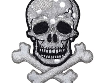 Skull Crossbones Applique Patch - Shimmery Silver Skeleton Badge 2.75" (Iron on)