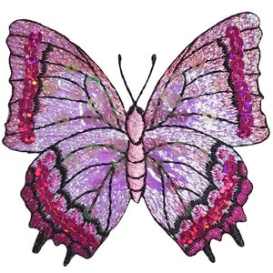 Large Sequin Butterfly Applique Patch - Pink & Fuchsia Spring Badge 3-1/8&quot; (Iron on)