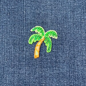 Sequin Double Palm Tree Applique Patch - Tropical Beach Iron-On Badge, 2.25 Inch