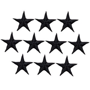 May include: Ten black embroidered star patches. Each star is about 1 inch in diameter.