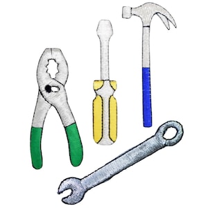 Tool Applique Patch Set - Hammer Pliers Wrench Screwdriver Construction Carpenter (4-Pack, Iron on)