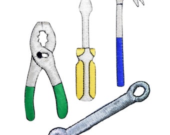 Tool Applique Patch Set - Hammer Pliers Wrench Screwdriver Construction Carpenter (4-Pack, Iron on)