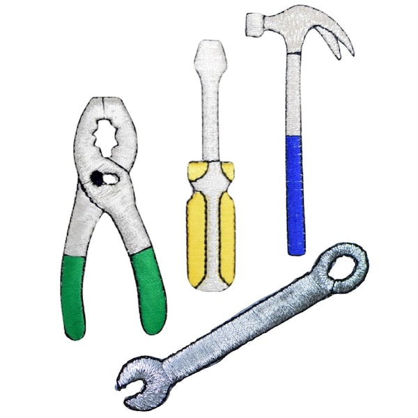 Tool Applique Patch Set - Hammer Pliers Wrench Screwdriver Construction Carpenter (4-Pack, Iron on)