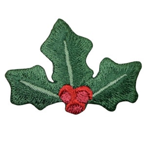 May include: Embroidered holly leaf patch featuring three green leaves with detailed stitching and a cluster of red berries at the center. This festive patch is perfect for adding a touch of holiday cheer to clothing or accessories.