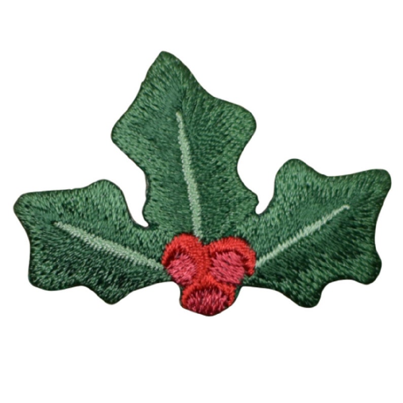 May include: Embroidered holly leaf patch featuring three green leaves with detailed stitching and a cluster of red berries at the center. This festive patch is perfect for adding a touch of holiday cheer to clothing or accessories.