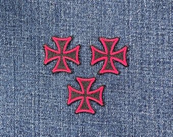 3-Pack Maltese Cross Patch - Embroidered Black & Pink Protection Honor Badge 1" (Iron On)