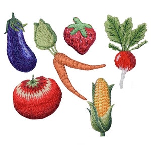 Farm & Garden Food Applique Patch Set - Fruit, Vegetable, Eggplant, Carrot, Strawberry, Tomato, Radish, Corn (6-Pack, Iron on)