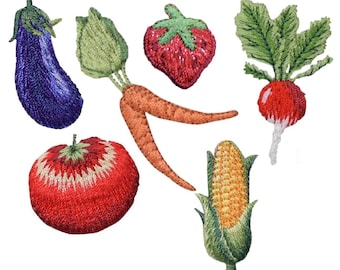 Farm & Garden Food Applique Patch Set - Fruit, Vegetable, Eggplant, Carrot, Strawberry, Tomato, Radish, Corn (6-Pack, Iron on)