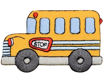 May include: Yellow school bus with a red stop sign, blue windows, and black tires. The bus has three stripes on the side.