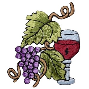 May include: Embroidered patch featuring a wine glass filled with red wine, a cluster of purple grapes, and green leaves. The design includes brown vines and is set against a white background. The patch is likely for clothing or accessories.
