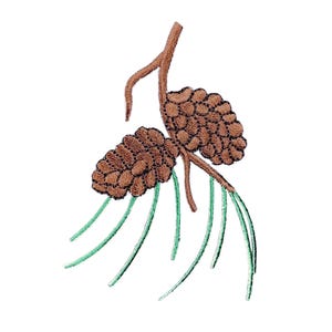 May include: An embroidered patch featuring two brown pine cones attached to a brown branch with several long, thin, light green pine needles extending downwards. The design uses detailed stitching to create texture on the pine cones.
