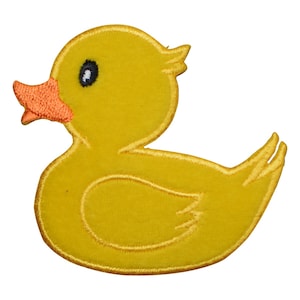 May include: A yellow duck patch with an orange beak and a black and white eye. The duck is embroidered with a yellow outline. The patch is a cute and cheerful design, perfect for adding to clothing or accessories.