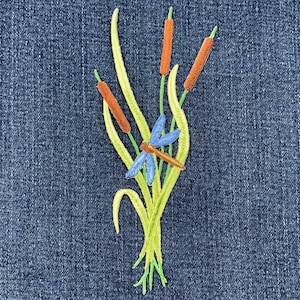 Large Cattails Grass & Dragonfly Applique Patch - Embroidered Nature Badge 6" (Iron On)