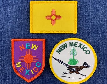 Juego de 3 parches de Nuevo México: insignias bordadas con la bandera de Nuevo México y el escudo del correcaminos (para planchar).