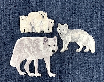 Juego de 3 parches de animales árticos: insignias bordadas de oseznos polares, zorros y lobos (para planchar).