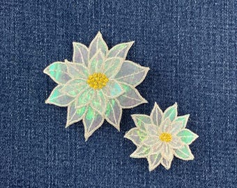 Paquete de 2 parches de aplique de flor de Pascua blanca - Insignias navideñas bordadas en capas (para planchar)
