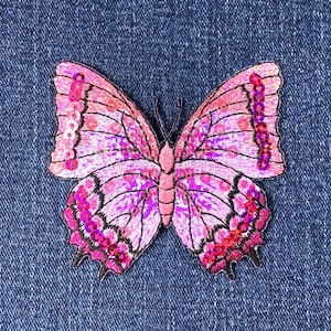 Butterfly Applique Patch - Sequin Embroidered Fuchsia Pink Insect Badge 3-1/8" (Iron On)