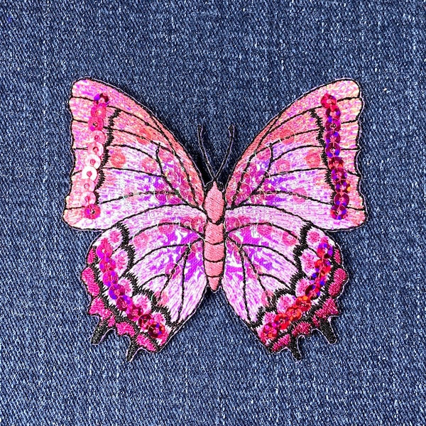 Butterfly Applique Patch - Sequin Embroidered Fuchsia Pink Insect Badge 3-1/8" (Iron On)